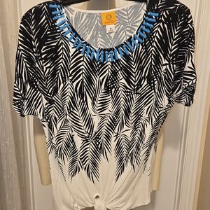 Ruby Rd. Black and White Leaf Print Tee with Blue Neckline